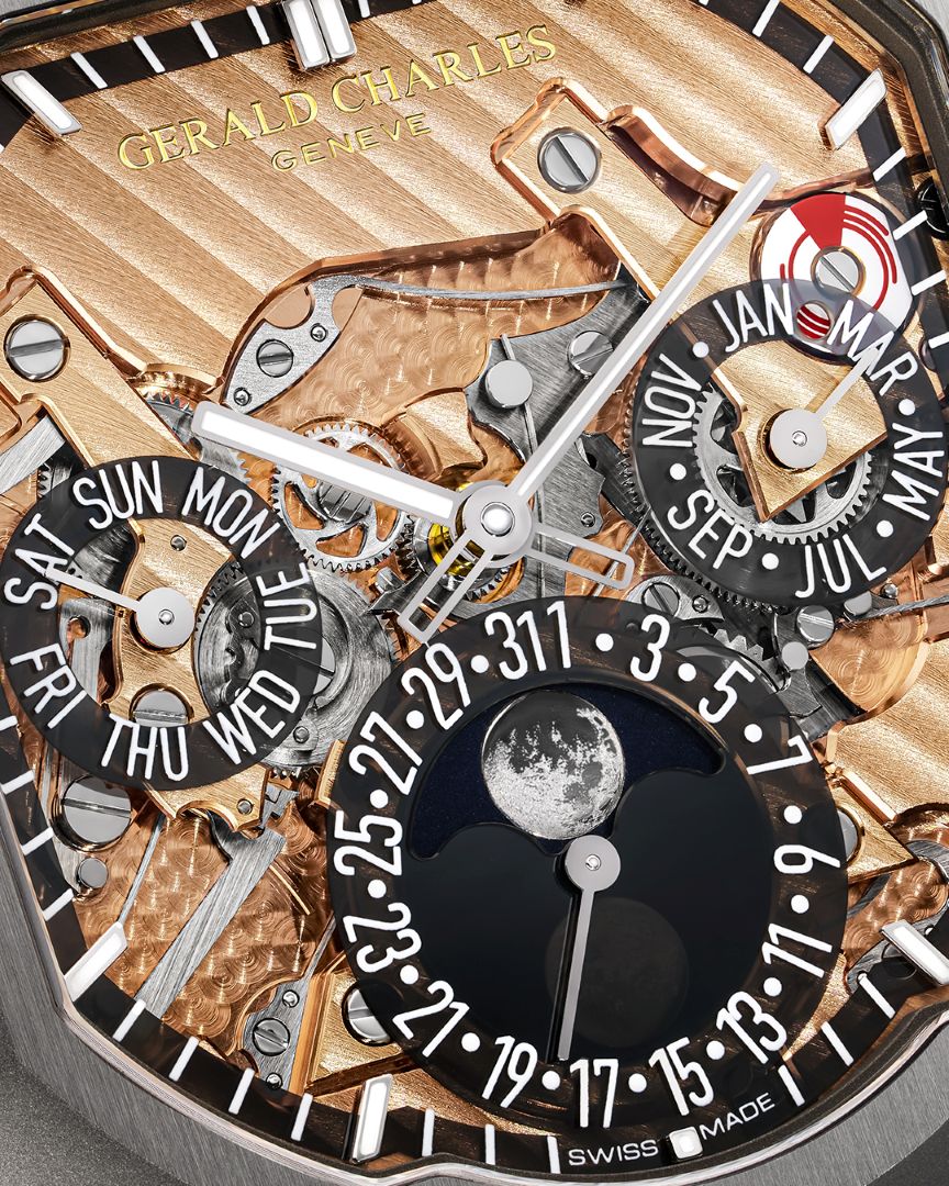 The Masterlink Perpetual Calendar reveals its complexity through an open-worked dial, arranged with a clear three-counter display