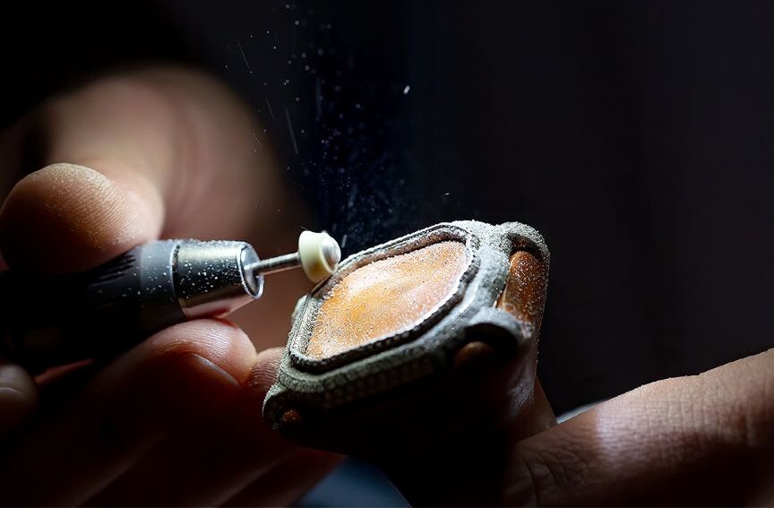 Diamonds are set by hand with precision and patience